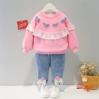 hylkidhuose baby girls clothing sets autumn kids lace candy t shirt bow knot jeans children sportswear infant clothes outfit