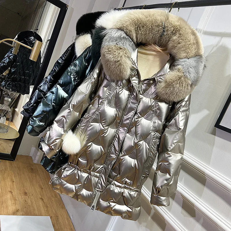 2020 женское глянцевое зимнее пальто с меховым воротником оверсайз длинное новая