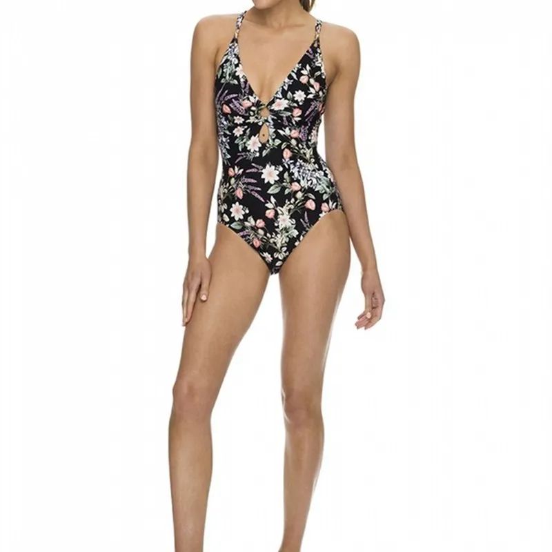 Sexy V-Neck One Piece Swimsuit Women Floral Print Swimwear 2020 Cut Out Monokini Bodysuit Flower Padded Bathing Suit Beach Wear |
