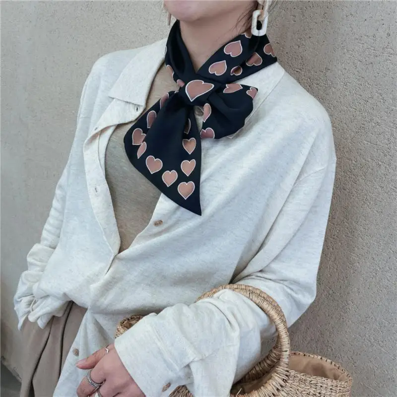 

INS Explosion Style Peach Heart Long Scarf Korean Wild Silk Wrap Female Professional Decorative Cloth Buckle Oblique Small Scarf