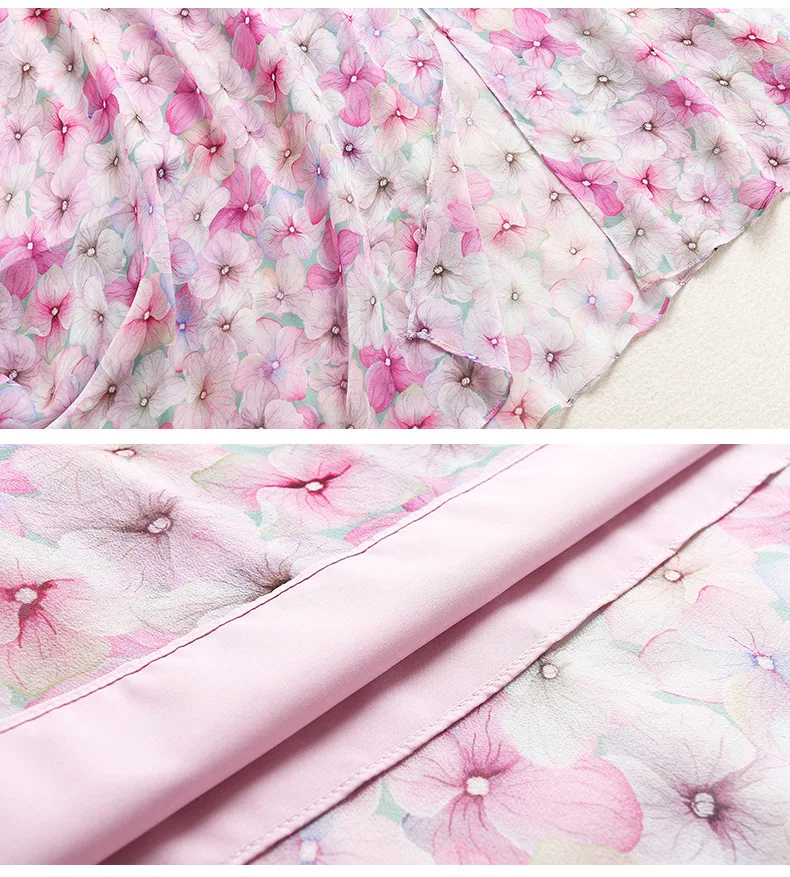 

100% Natural Silk Women's Dresses V Neck Short Sleeves Ruffles Floral Printed Elegant Mid Dress Vestidos