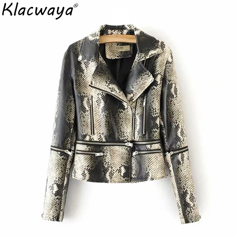 Модные женские винтажные Куртки из искусственной кожи со змеиным узором пальто