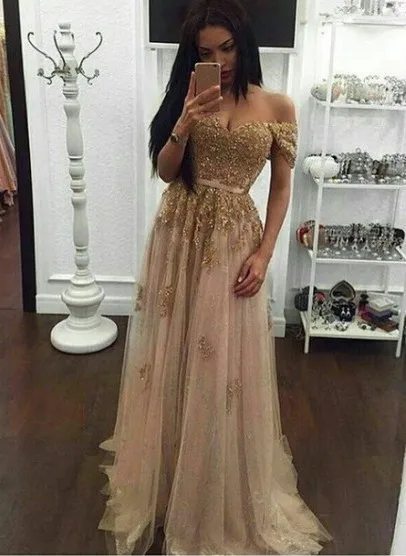 

Gold Lace Appliques Prom Dresses Off The Shoulder Tulle A Line Floor Length Long Evening Dresses Beaded Formal Dress Raso Sexy