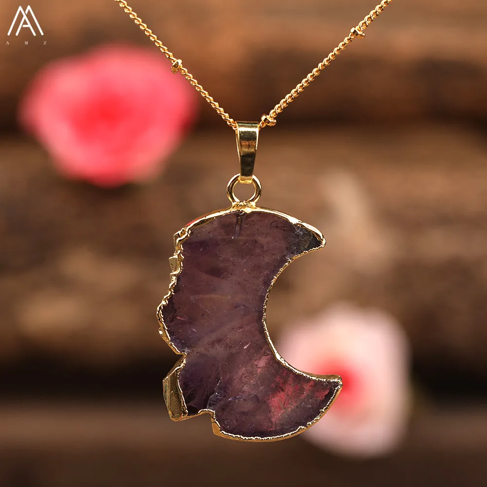 

Natural Amethysts Quartz Slab Beads Necklace Gold Women Purple Crystals Beads Pendant Necklace Birthday Anniversary Jewelry Gift