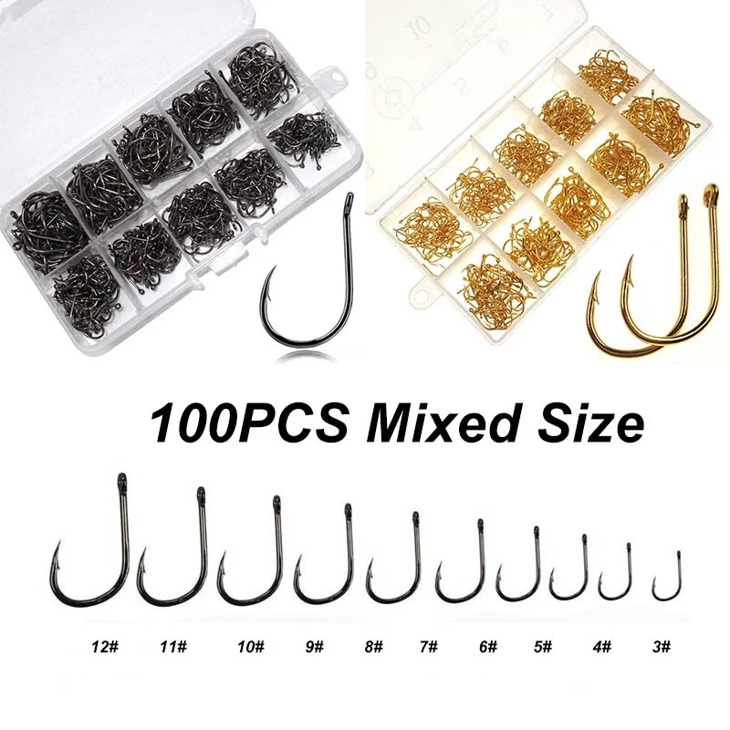 100pcs/box 10 Sizes 2 Colors Stainless Steel Fishing Outdoor Fish Hooks Strong Sharp Carry Box