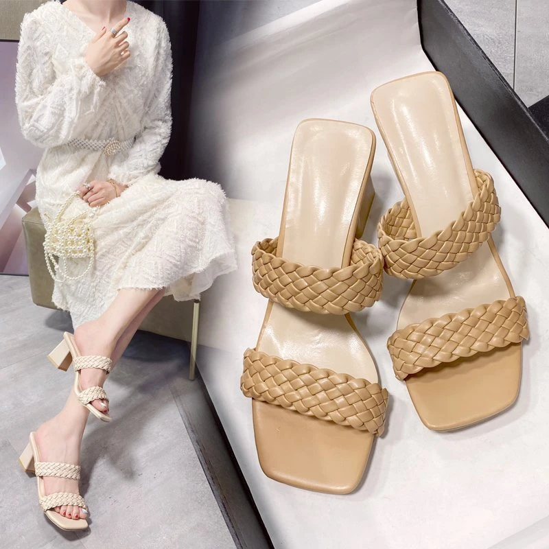 

Summer Fashion Slippers Women Sandals High-heeled Coarse Knitting Shallow Mouth Elegant Dress Social Khaki 2022New Free Shipping