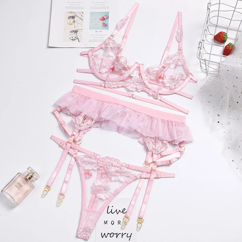 Sexy Bra And Panties Set Lingerie Pink Embroidery Lace Transparent Women's Underwear Set Erotic Brief Sets Intimates Lingerie
