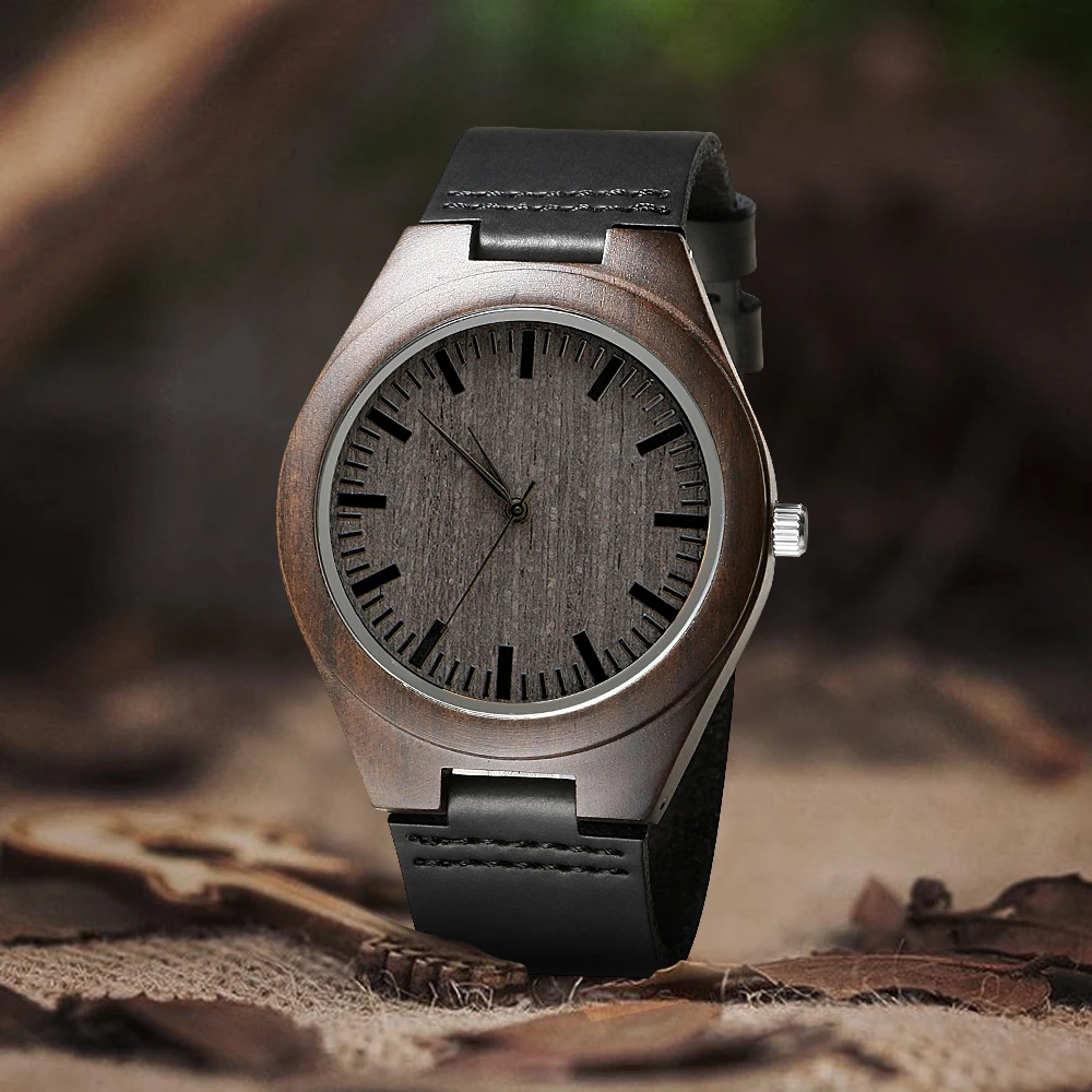 Индивидуальные деревянные часы для вашего собственного имени мужские с кожаным