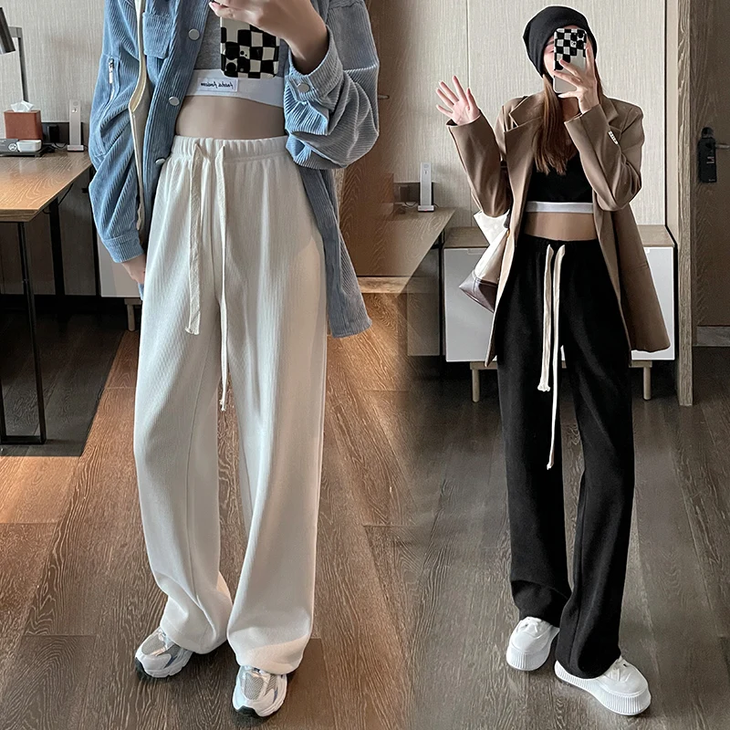 

Женские зимние новые длинные широкие брюки Zita 2021 с завязками для ленивых прогулок, бархатные плотные вязаные прямые повседневные брюки с др...