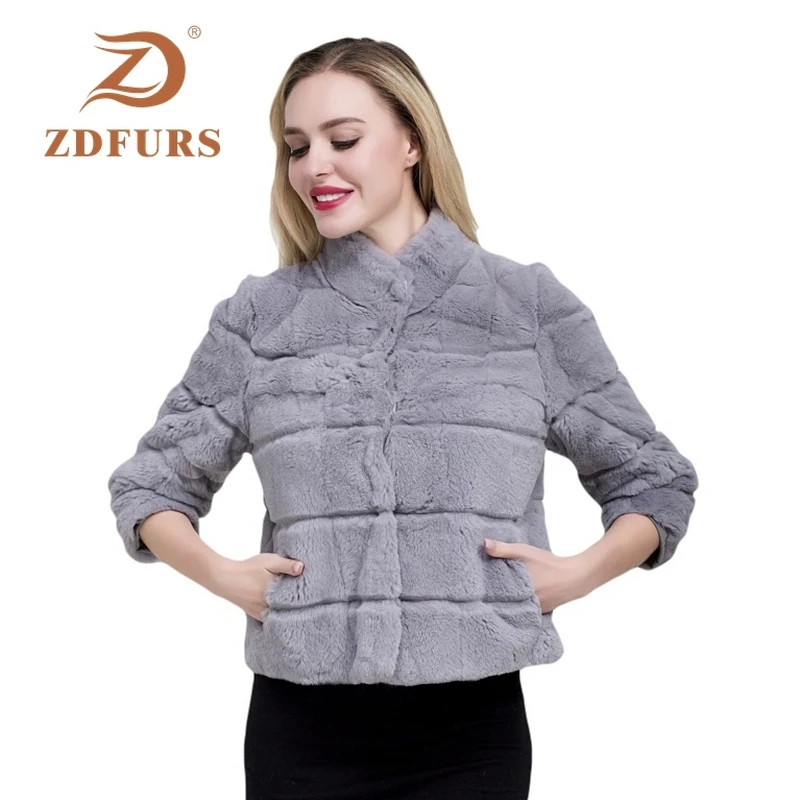 ZDFURS*2019 New Short rabbit fur Jacket 100% Full Pelt Genuine Real rex Rabbit Fur Coat Stripe Line Natural fur outerwear