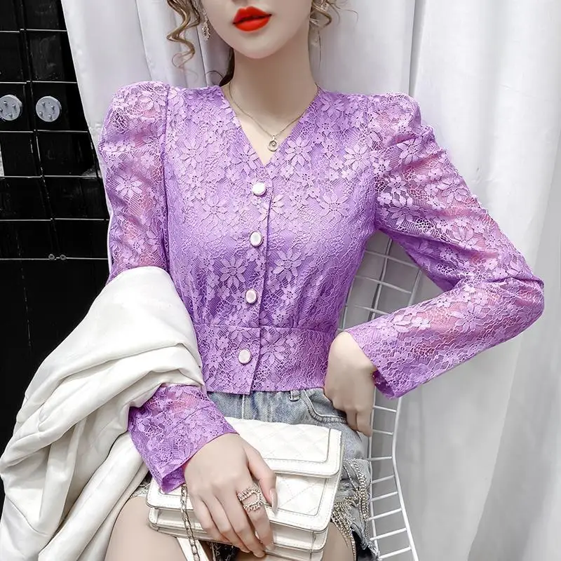 

Women's Spring Autumn Style Lace Blouses Shirt Button V-Neck Solid Color Hollow Out Long Sleeve Korean Casual Tops DF3922