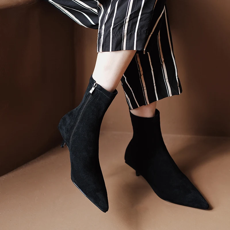 

EshtonShero Women Shoes Leather+pu Casual Woman Boots Winter Zipper Women Ankle Boots Pointed Toe High Heel Ankle Boots Size 2-9