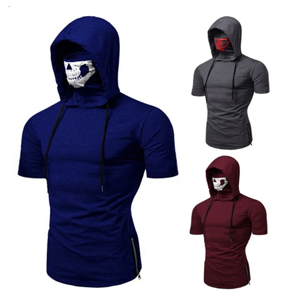 Новинка Мужская стрейчевая фитнес Форма ninja футболка с капюшоном и коротким