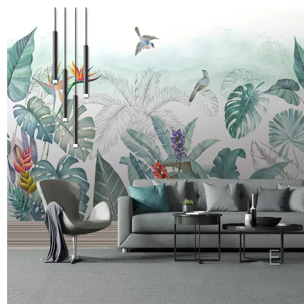 

Milofi custom 3D wallpaper mural Nordic tropical plants flowers and birds background wall living room bedroom decoration paintin