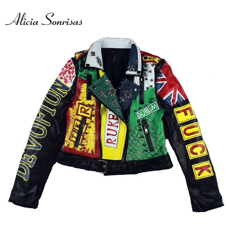 

Embossed Leather Jacket Women Thailand Popular Brand Printed Graffiti Leather Jacket Female Punk Biker Coat Short Motorcycle Top