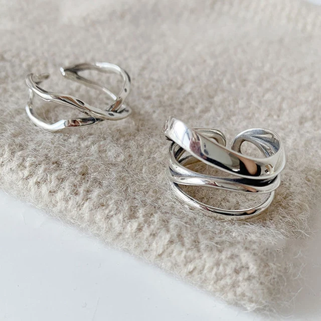 

Genuine 925 Sterling Silver Rings for Women 2 layered black Minimalist Thin Circle Gem Rings Jewelry Carving S925