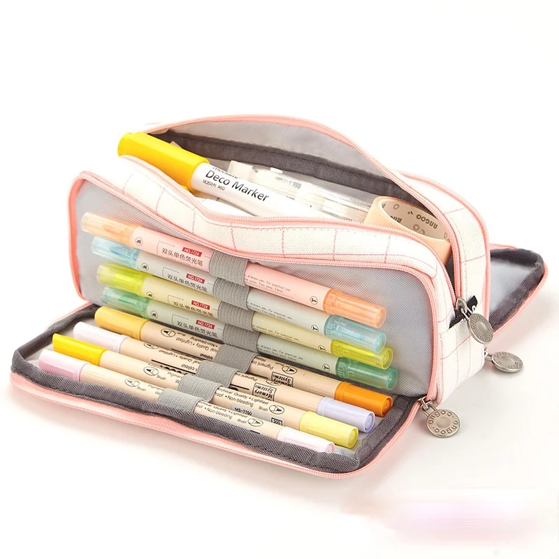 

Cute Large Capacity Pencil Case Canvas Three Zippers School Pen Holder Supplies Pencil Bag Girls Boys Kawaii Stationery Pouch