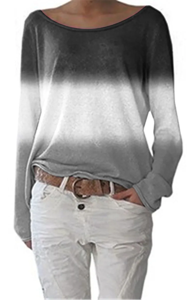 

Autumn and winter gradient tie dye wide collar long sleeve T-shirt for women