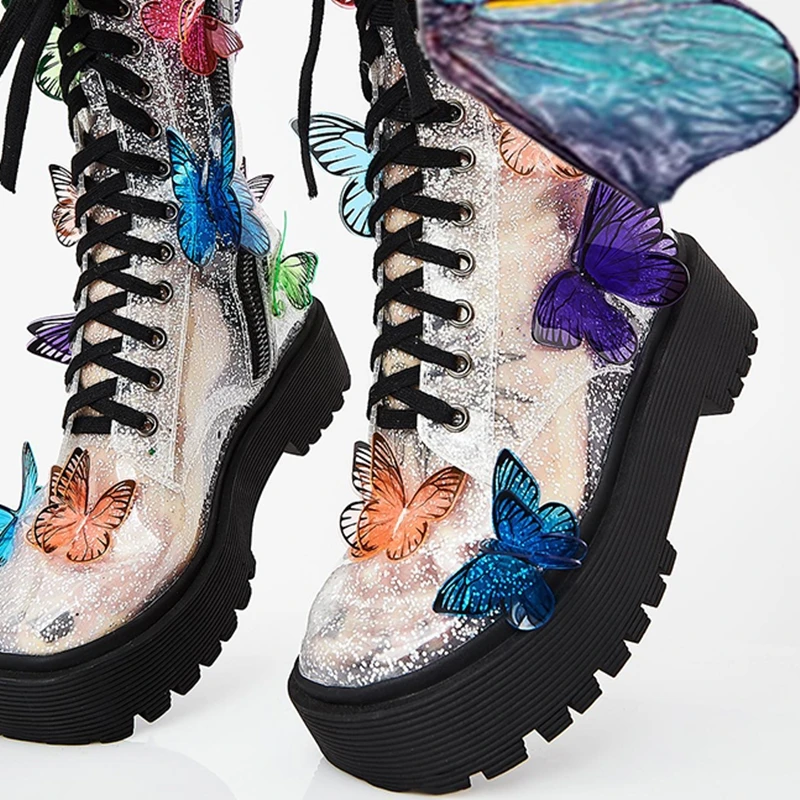 Прозрачные женские ботинки из ПВХ с бабочками Обувь для подиума трехмерным