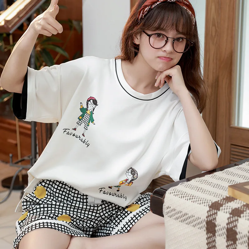 Summer Simple Sleepwear Pyjamas Set Women's Pajamas Cotton Short Sleeve Ladies Pijama Sets Homewear Cartoon Lounge Wear T-shits