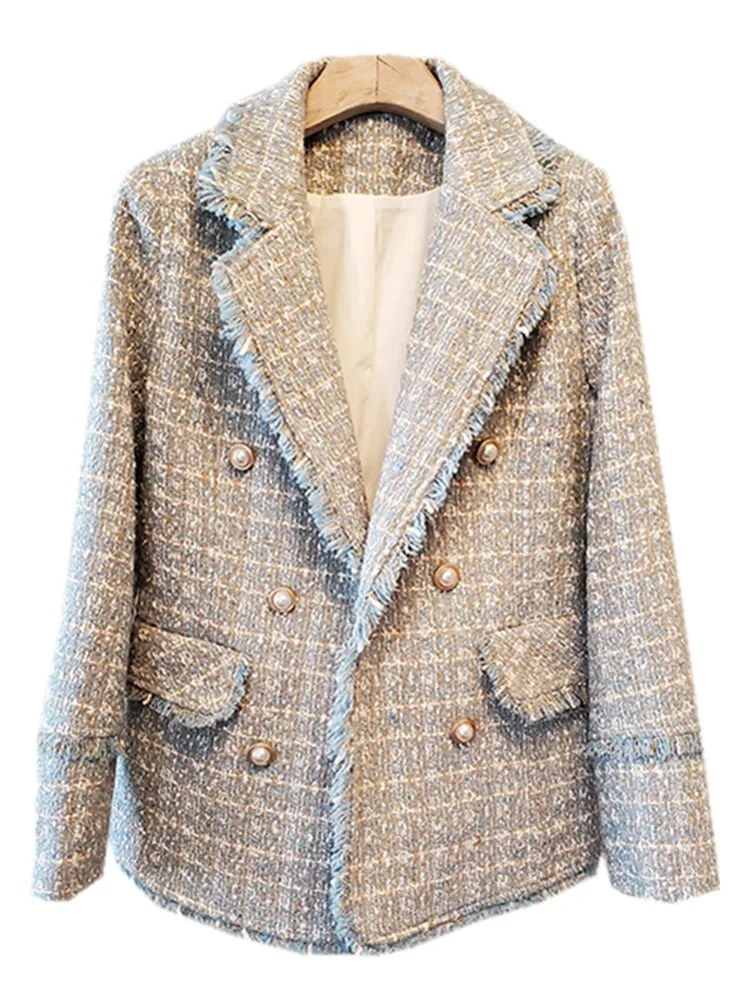

2021 Spring Autumn Women Tweed Blazer Sky Blue French Elegant Ladies Suit Jacket Warm Coat