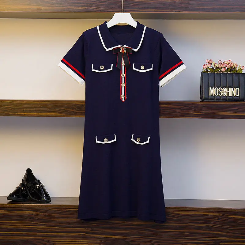 

Summer women's dress 2021 new women's bow short-sleeved dress ice silk Korean casual knitted skirt