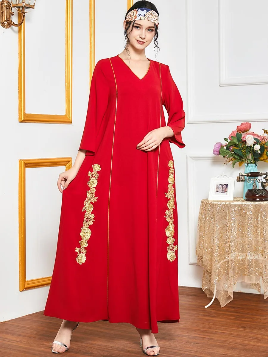 

Ethnic Embroidery Dress V neck Muslim Abaya Bohemia African Dashiki Vestidos Kimono Long Robe Ramadan Eid Arab Islamic