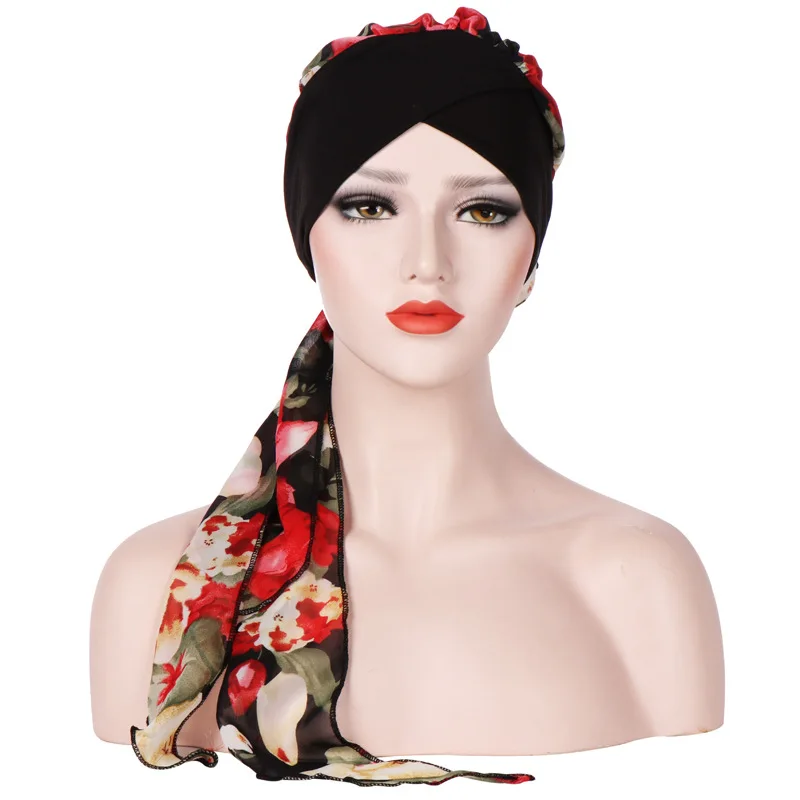 

New style European and American forehead cross Baotou cap Floral fashion chiffon long tail Baotou caps in stock