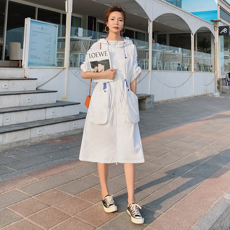 

Summer Big Pocket Drawstring Hooded Dress for Women 2021 Fashion Elegant Loose Short Sleeve Casual Mid-long Zipper Dresses Coat