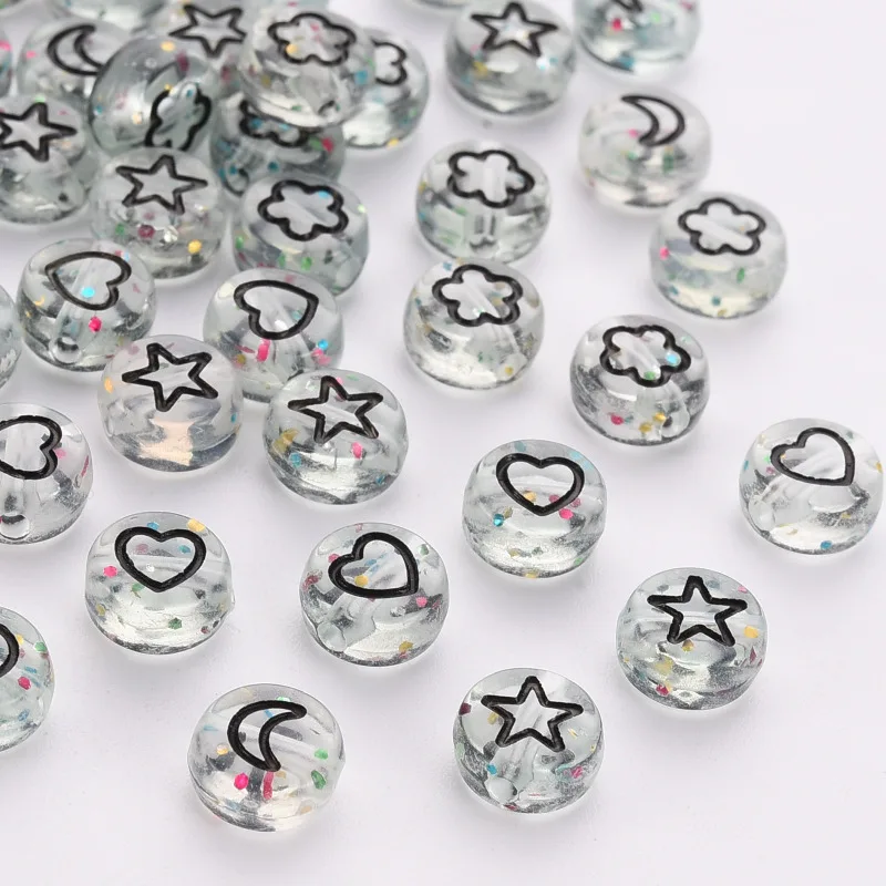 

500g Transparent Clear Acrylic Beads with Glitter Powder Flat Round with Heart & Flower 7x3.5mm Hole: 1.5mm about 3600pcs/500g