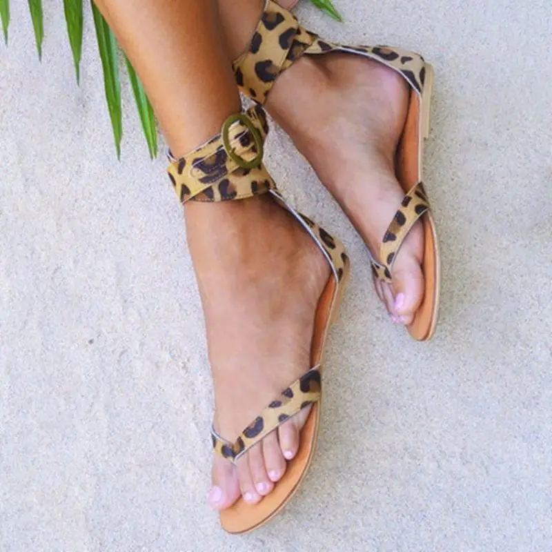 

2021 New Women's Shoes Fashion Casual Summer Refreshing Leopard Print PU Simple One-word Rear Zipper Flip Flat Sandals 7KG304