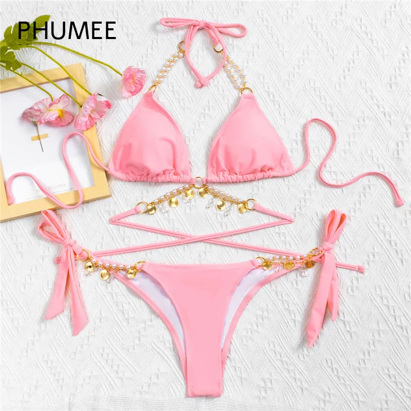 

PHUMEE Pink Sexy Halter Decorative Rhinestones Push Up Two Piece Bikini Set Women Solid Color Swimsuit Beach Wear Bathing Suit