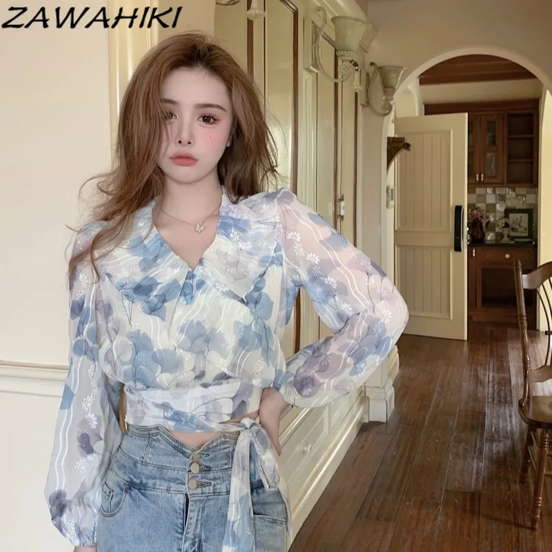 

Zawhiki Элегантная модная шифоновая блузка из пряжи с V-образным вырезом и оборками нежный принт Топы с длинным рукавом короткая блузка на шнур...