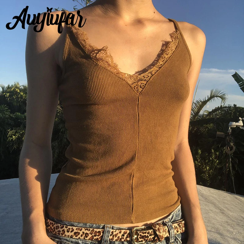 

Auyiufar Fairy Grunge Vintage Ribbed Lace Camisole Y2k Patchwork Sexy V Neck Casual Crop Tops Women Goblincore Fashion Clothing