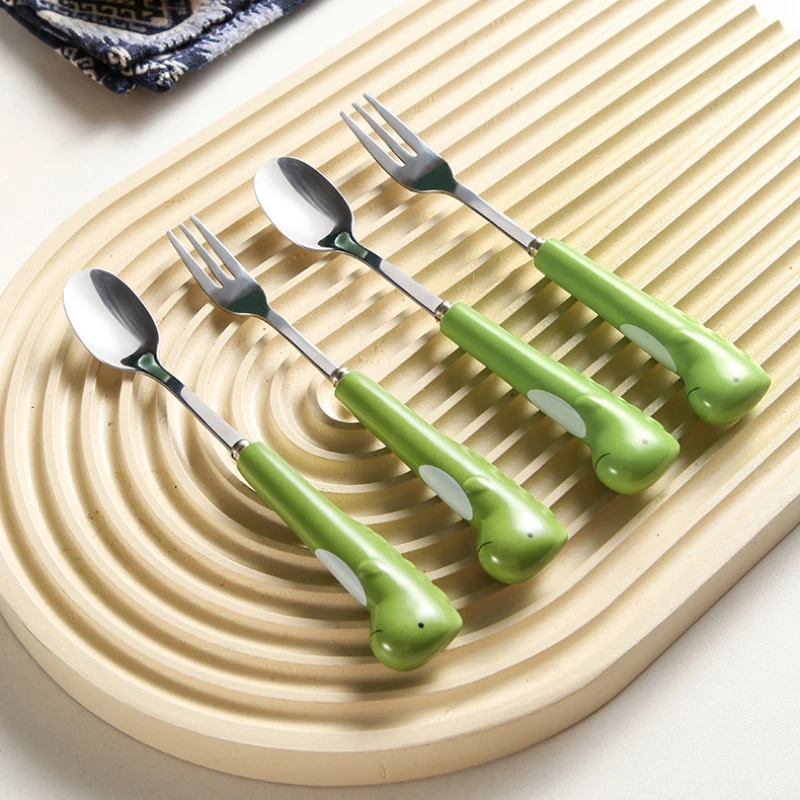 

304 Stainless Steel Dinosaur Shape Ceramic Handle Household Dessert Coffee Spoon Fruit Forkmirror polishing spoon + fork