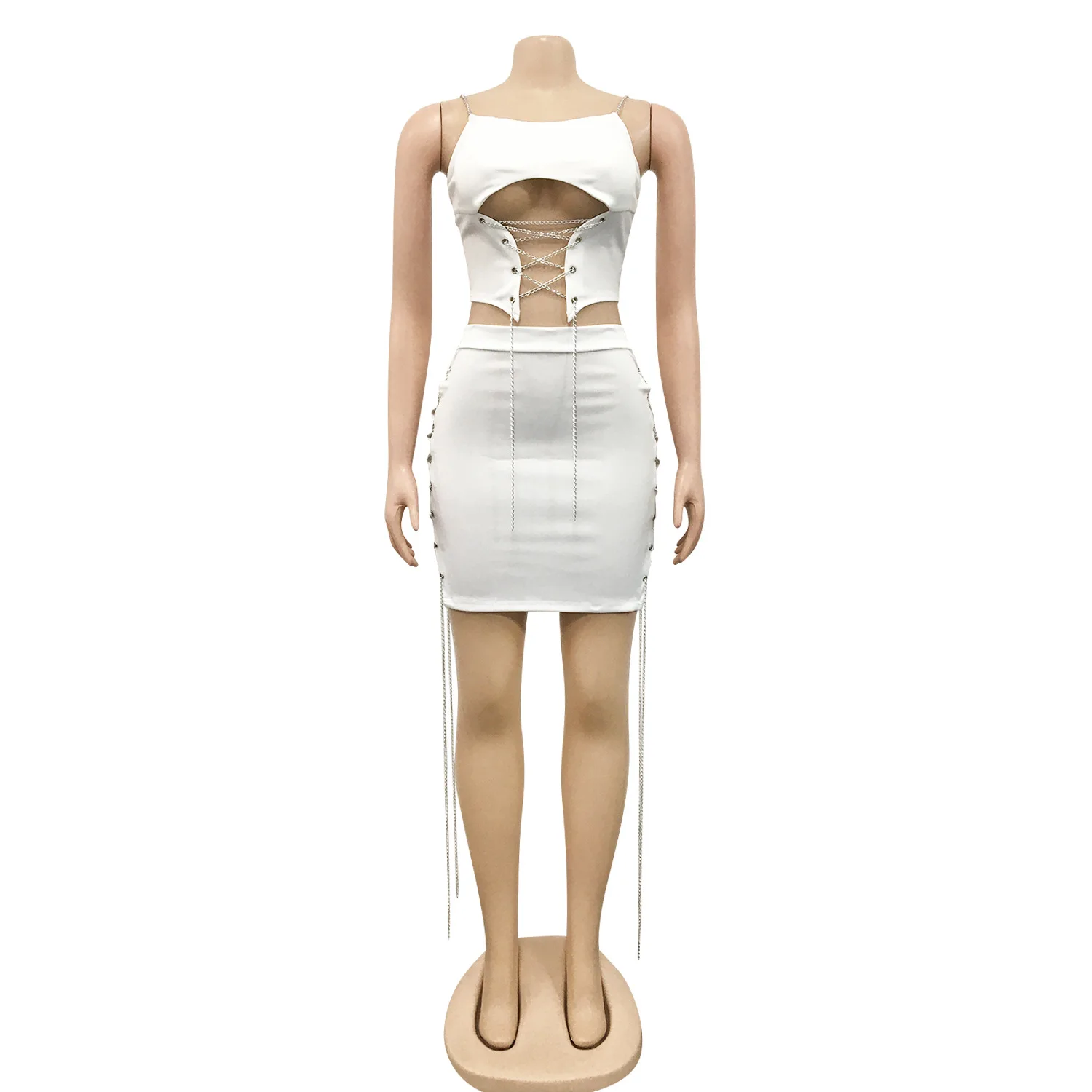 Женское платье с лямкой на шее и цепочкой однотонный бандажный кроп топ без