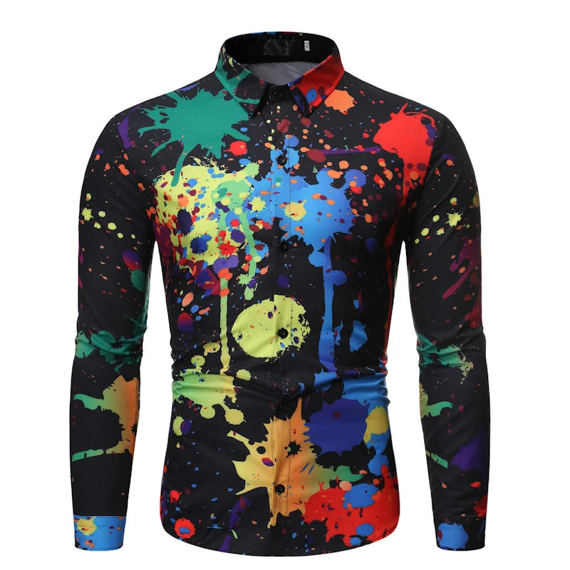 Men Shirt Casual Colour Shirt Ink Splash Paint Color Slim Shirts Leisure Men Blouse long sleeve Shirt Spring Male Shirt
