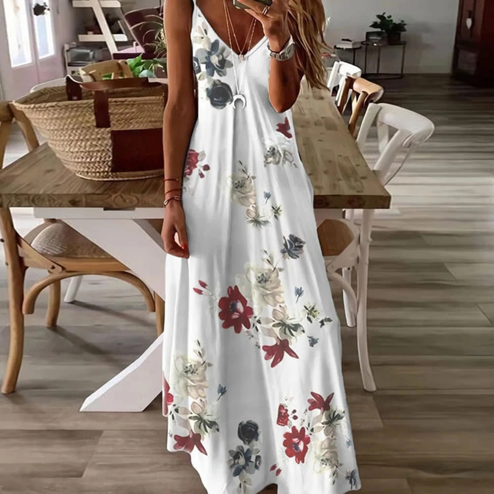 

Elegant Fashion Summer Dress Floral Print Women 2021 Sleeveless V-Neck Flower Casual Loose Maxi Dresses White Vintage Robe Femme