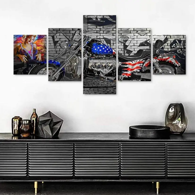 

No Framed 5 Pieces Motorcycle with American Flag Marilyn Monroe HD Wall Art Canvas Posters Pictures Paintings Home Room Decor