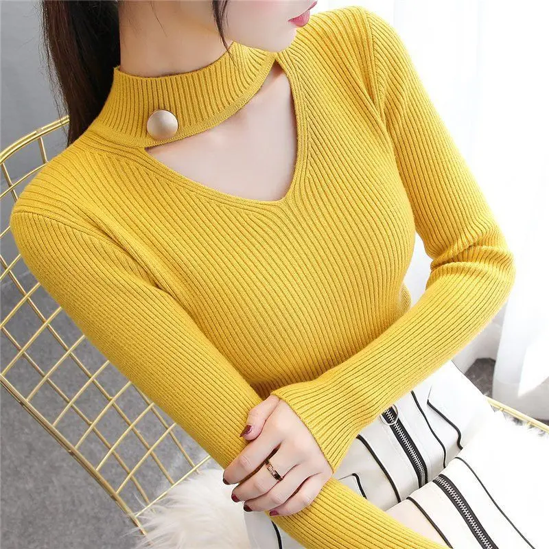 

Hollow Halter V-neck Long Sleeve 2020 Spring Sweater Women Wear New Slim Knit Bottoming Top