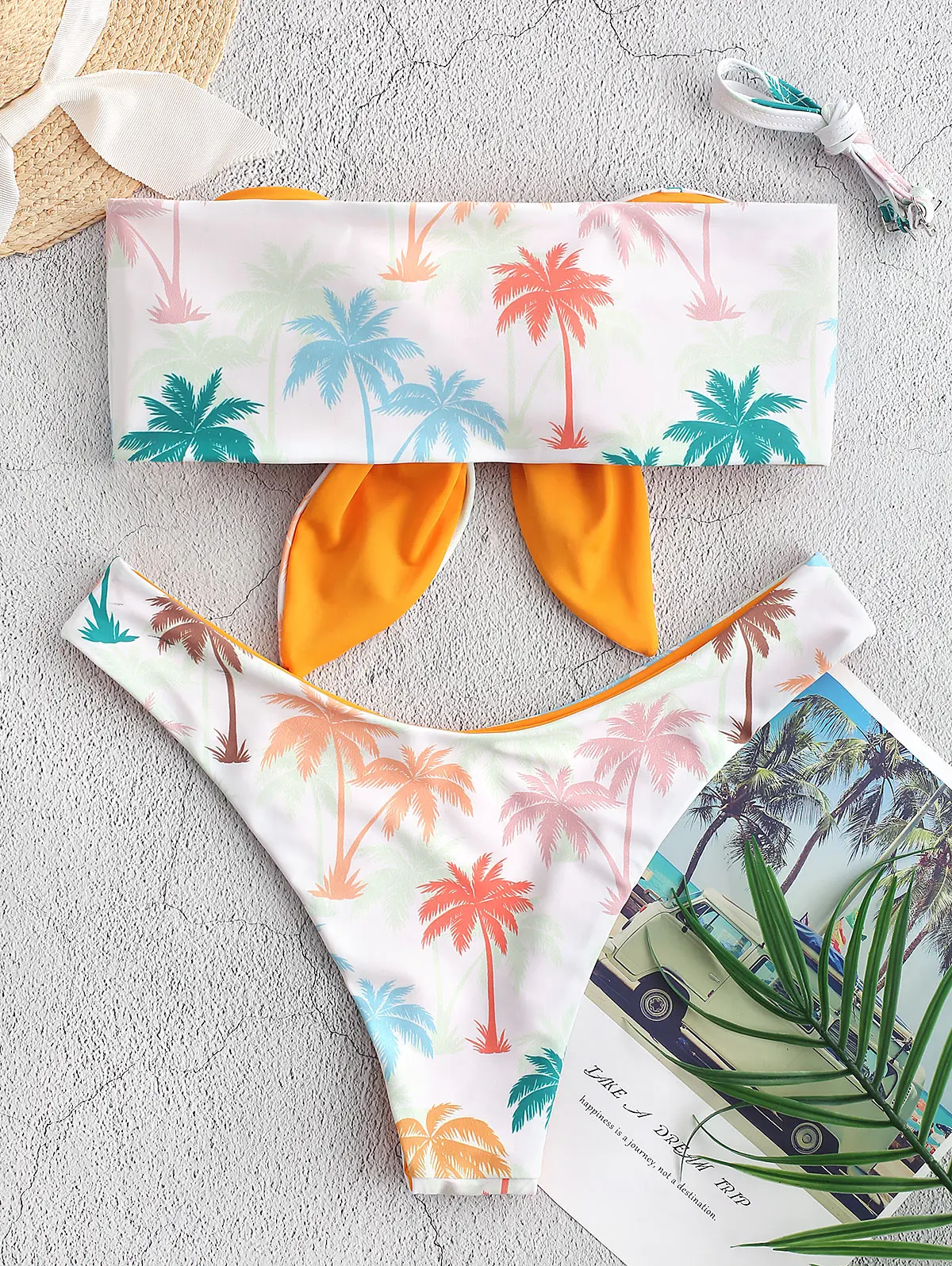 

ZAFUL Women Coconut Tree Knotted High Cut Bikini Swimsuit Boning Side Wo Pieces Swimwear Ladies Plant Print Tie Bathing Suits