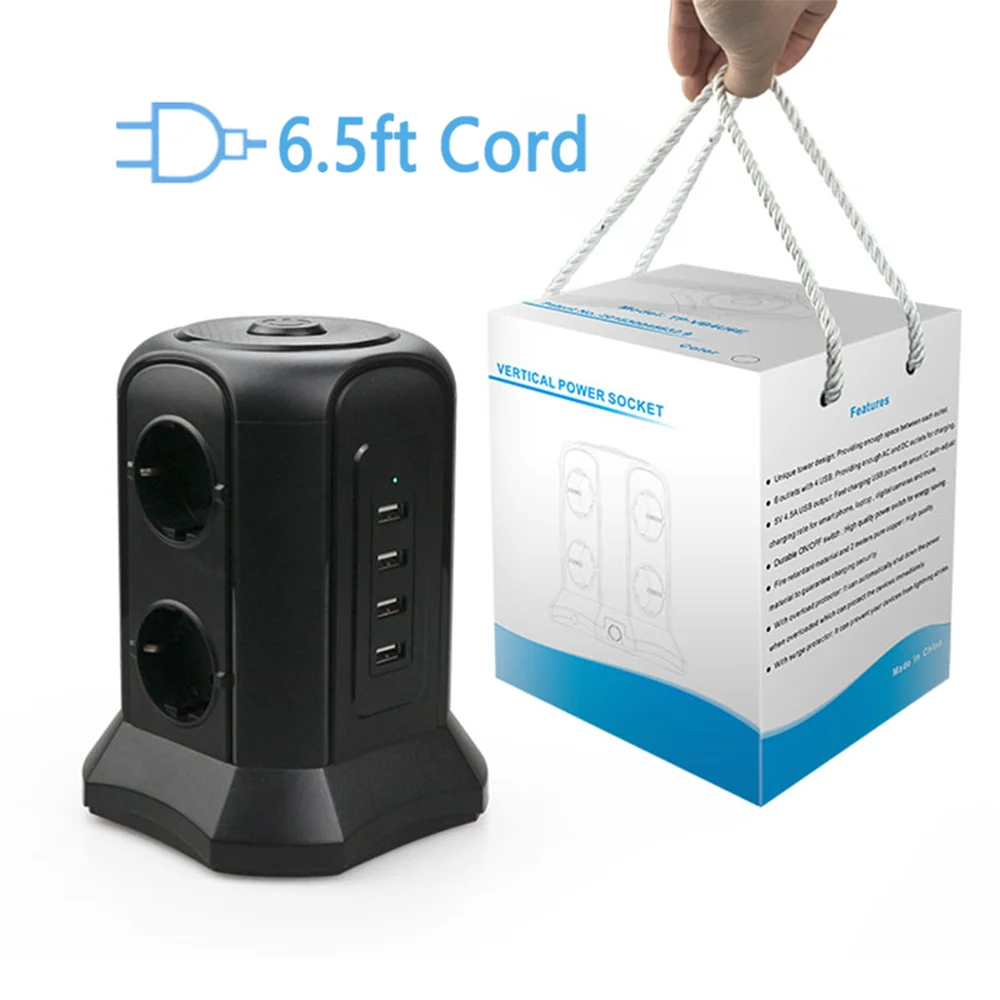 Штепсельная Вилка TESSAN Электрический Мульти Разъем Power Strip Tower с 6 розетками 4 USB 2 м/6