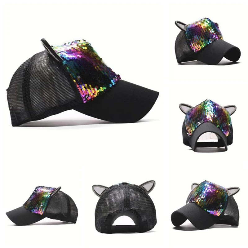 

Fashion Women Girl Summer Net Baseball Hat Sequins Cat Ear Rhinestone Snapback Hat Parent-Daughter Sunshade Hat