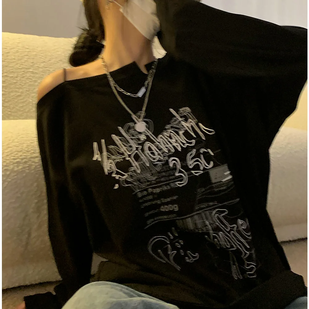 

Футболка женская с открытыми плечами, винтажный топ с буквенным принтом, Повседневная Свободная рубашка в Корейском стиле, с длинным рукаво...