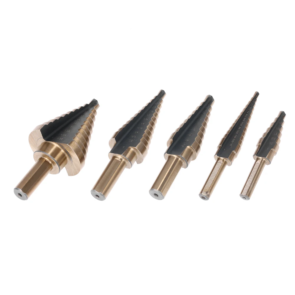 

5pcs High Speed Steel 4241 Step Drill Bit Set Kit Round Shank Pagoda T-wist Drills Drilling Tool Portable for Workpiece