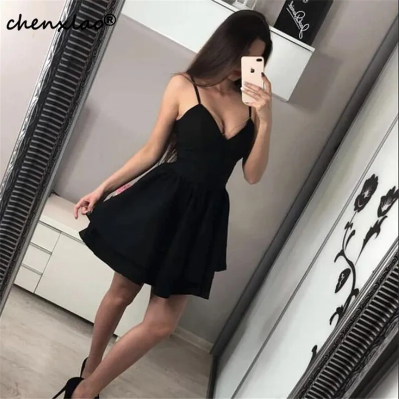 As image black Vestido de festa/черное платье для выпускного вечера, атласные платья с v-образным вырезом и оборками, вечерние платья выше колена - Цвет: As image black