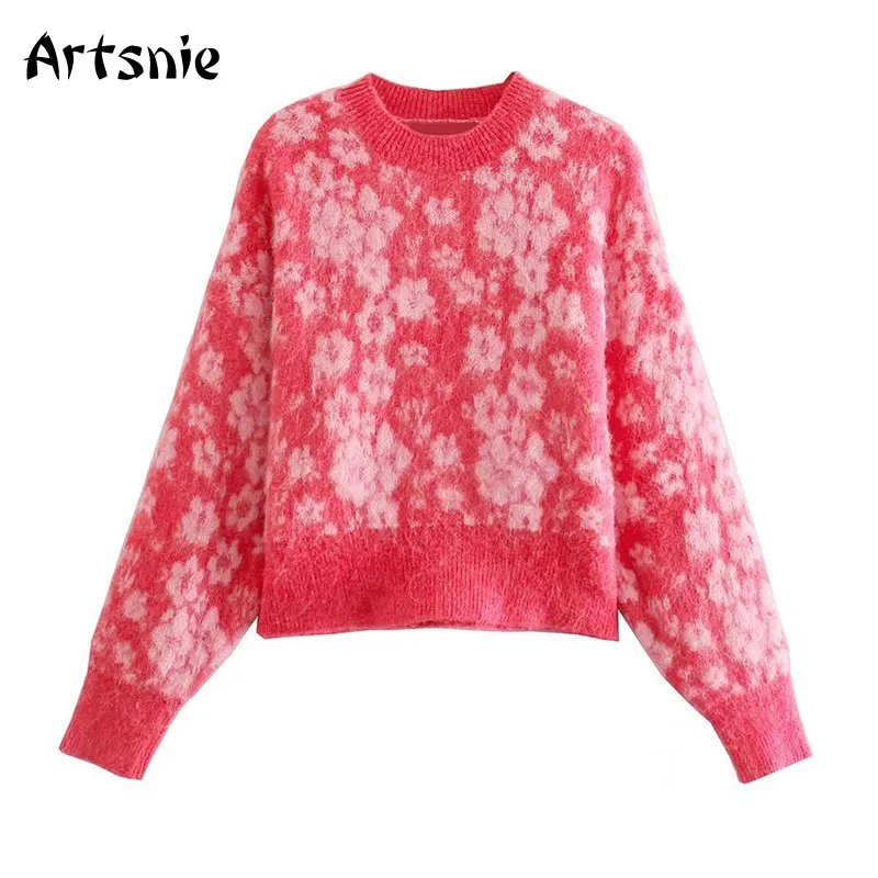 

Artsnie Vintage Floral Sweater Women Winter O Neck Long Sleeve Pull Femme Autumn 2021 Cotton Wram Knit Ladies Sweaters Jumper