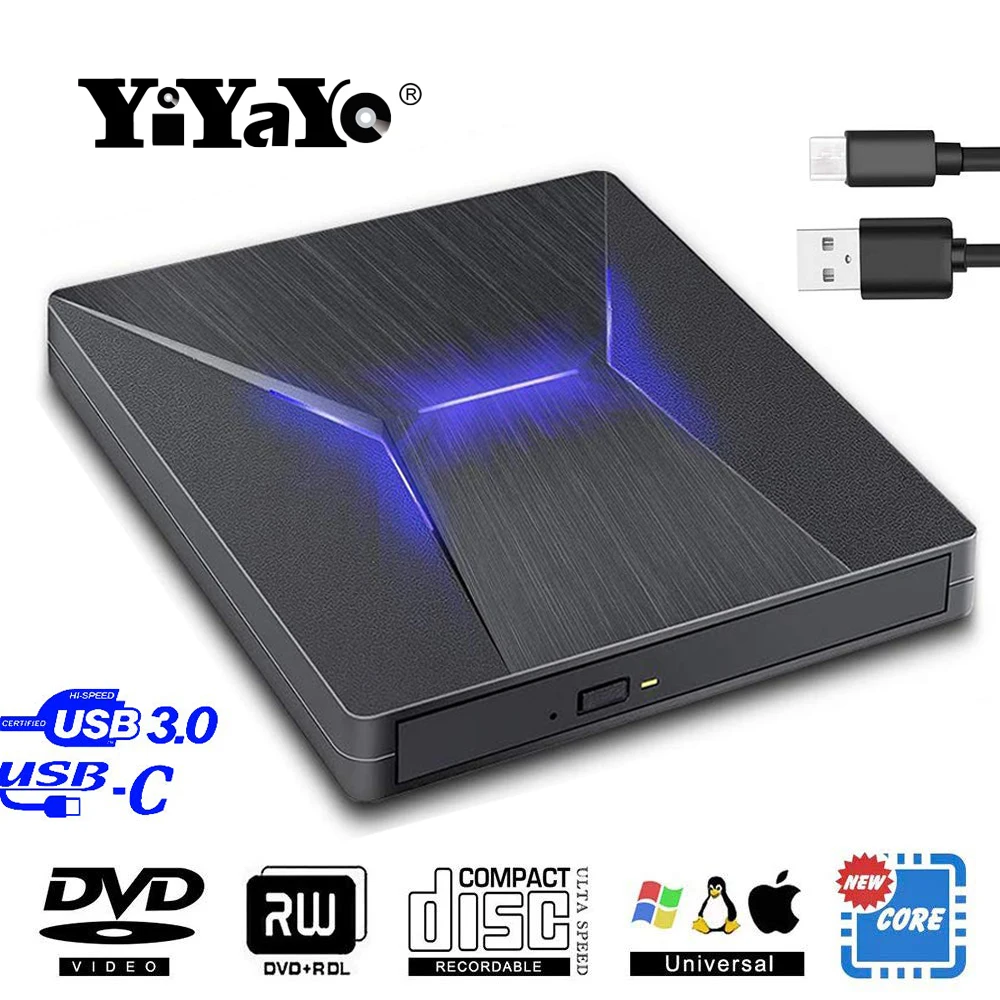 YiYaYo Внешний DVD привод USB 3 0 Type C 7 цветов свет CD/DVD +/ RW горелки Писатель плеер для