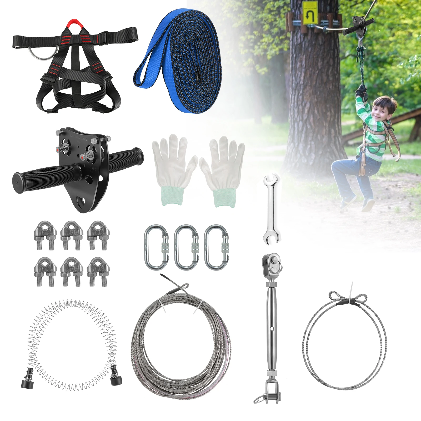 

65/82/98/115FT Zip Wire Kit Half Body Safety Belt Spring Brake Adjustable Harness Pulley Stainless Steel Cable Outdoor Zipline