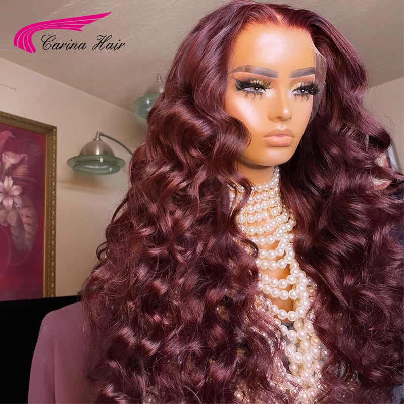 Парик 99J из натуральных человеческих волос на сетке спереди цвет красного вина 13x